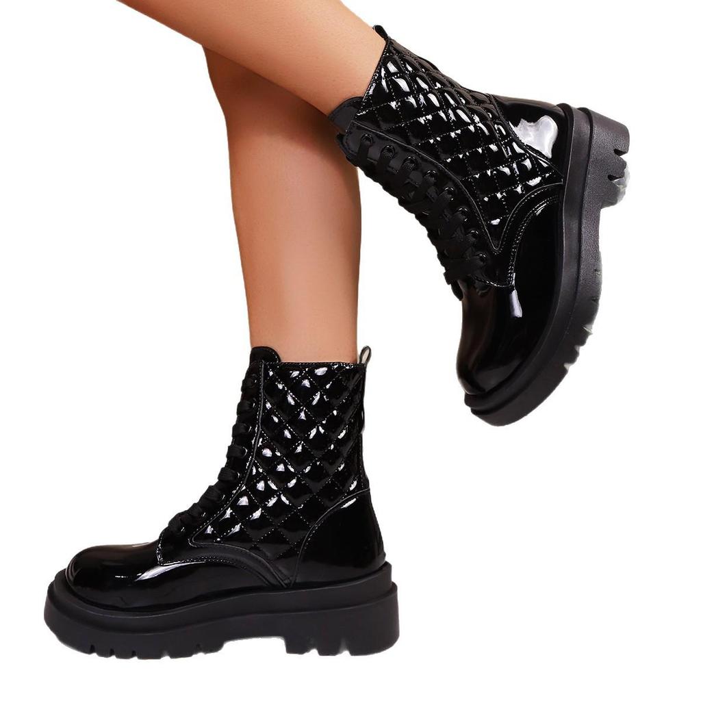 Dámské nadměrné módní boty na šněrování s kulatou špičkou a silnou podrážkou - Přeshraniční jednobarevné pro všechna roční období (Model 2025)