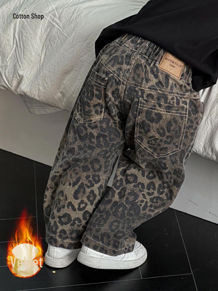 Korejské dětské retro široké kalhoty s leopardím vzorem: 2024 Podzimní/Zimní móda pro chlapce a dívky