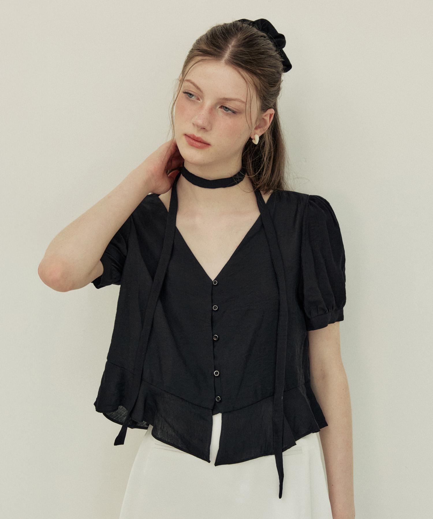 Adowl Sheer Tie Deep V Neck Blouse - Black Black/Free
