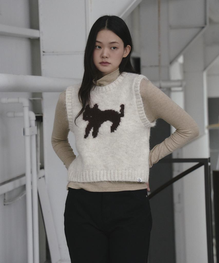 The Green Lab Cat Jacquard Vest [Oatmeal]