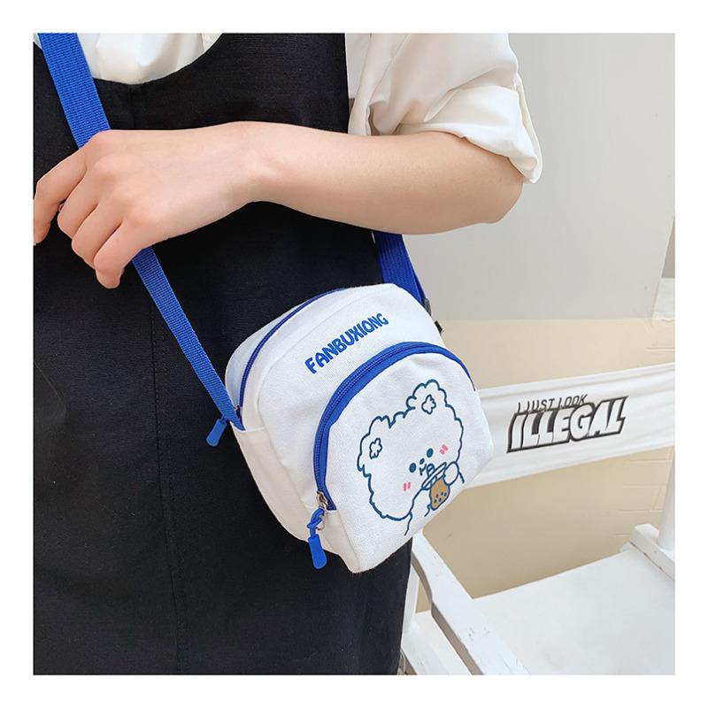 Cute Cartoon Canvas Crossbody Bag for Women, Kawaii Bear and Rabbit Print Mini Square Shoulder Purse, Zipper Closure Single Strap Daily Handbag