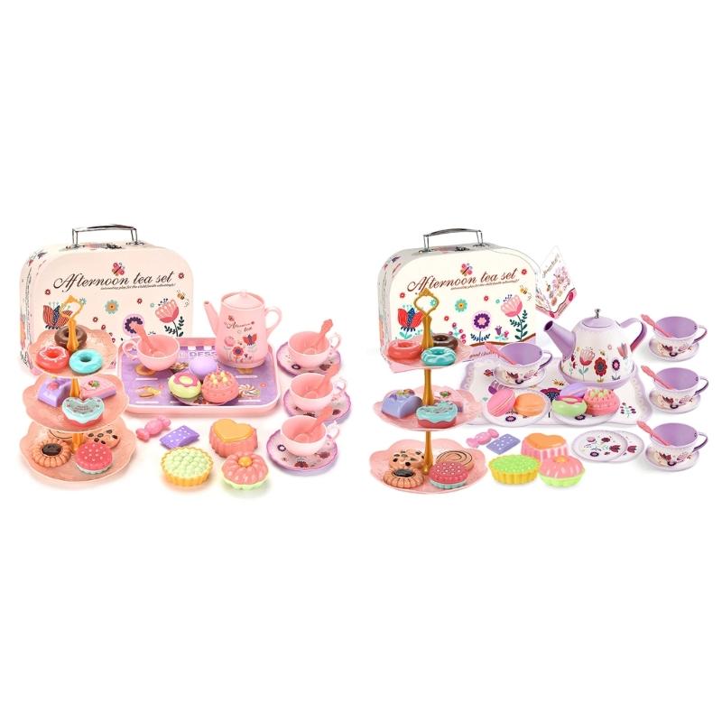 Teas Set for Little Girls 36Pcs Teas Party Pretend for Play Afternoon Teas Playset with Plastics Pot Cups Spoons Dessert