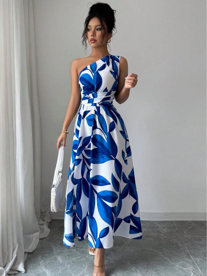 Elegant Tropical Print One-Shoulder Slit Dress - Perfect for Resort Style