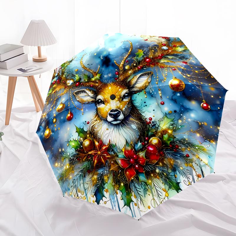 Christmas Reindeer Folding Umbrella-Fashionable Auto-Open Design 8 Iron Ribs Plastic Handle Foldable Sunshade,Perfect Gifts