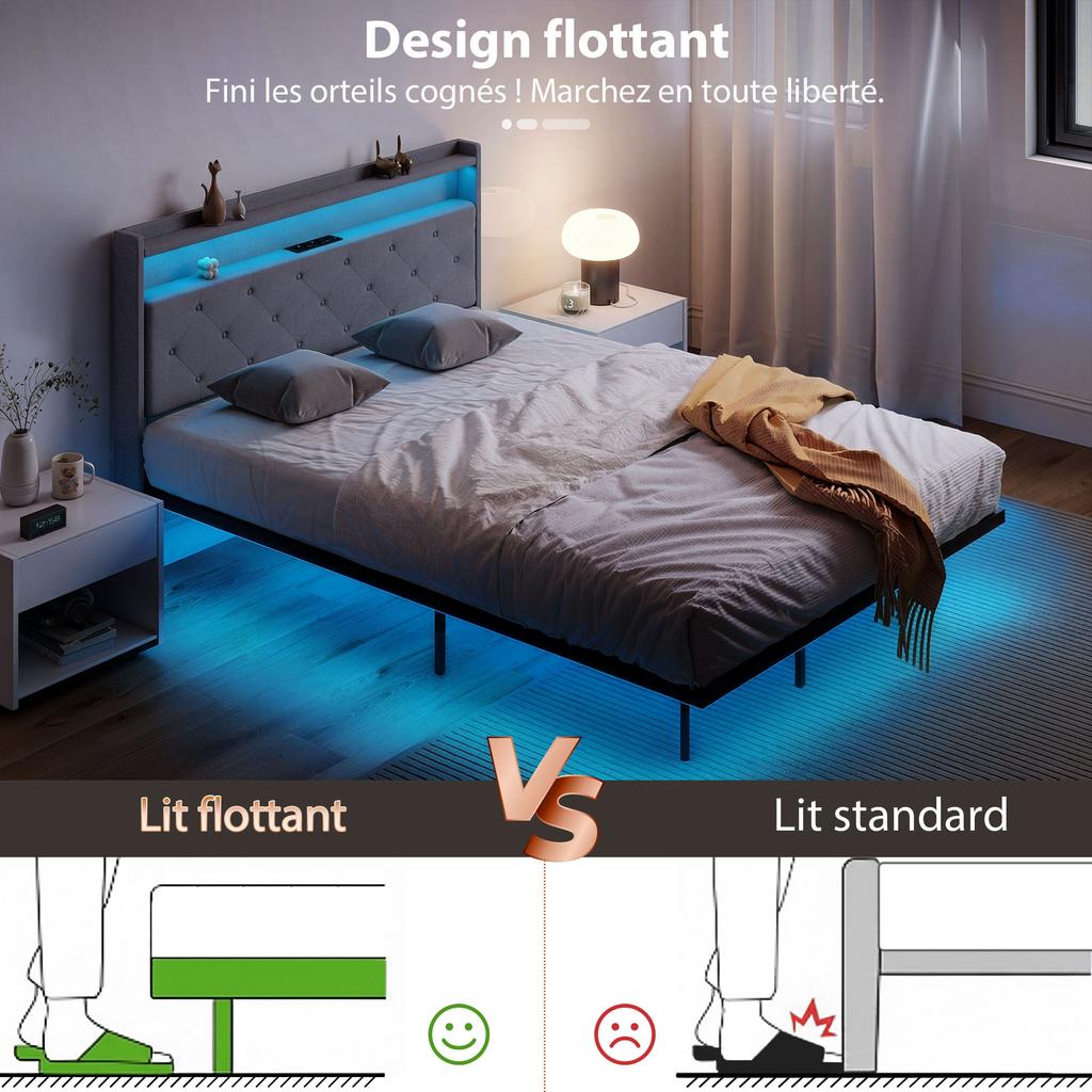 Bed frame 140 x 190 cm with steel base, floating double bed with RGB LED lights and charging station, grey