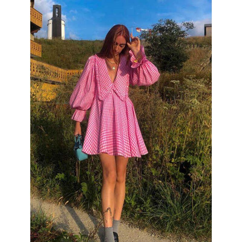 

Long Sleeved a-Line Dress European and American Pink Plaid Doll Collar Long sleeve A Word Dress Cute Pink XL