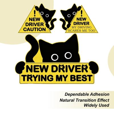 3pcs New Driver Sticker Magnetic Black Cat Automotive Decal Auto Body Decals Beginner Student Driving Tips Sticker