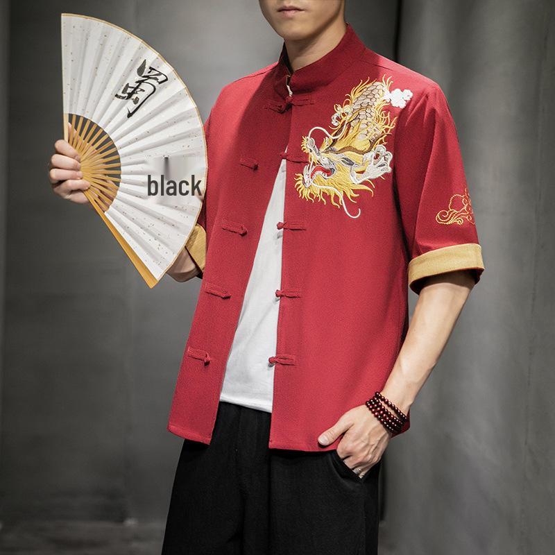 Men's Retro Dragon Embroidery Shirt with Frog Buttons - Casual Short Sleeve, Plus Size