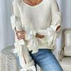 Damen Rundhals Langarm Strickpullover mit Schleife Lockerer Schnitt Lässiger Pullover Top