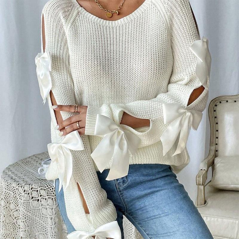 Damen Rundhals Langarm Strickpullover mit Schleife Lockerer Schnitt Lässiger Pullover Top
