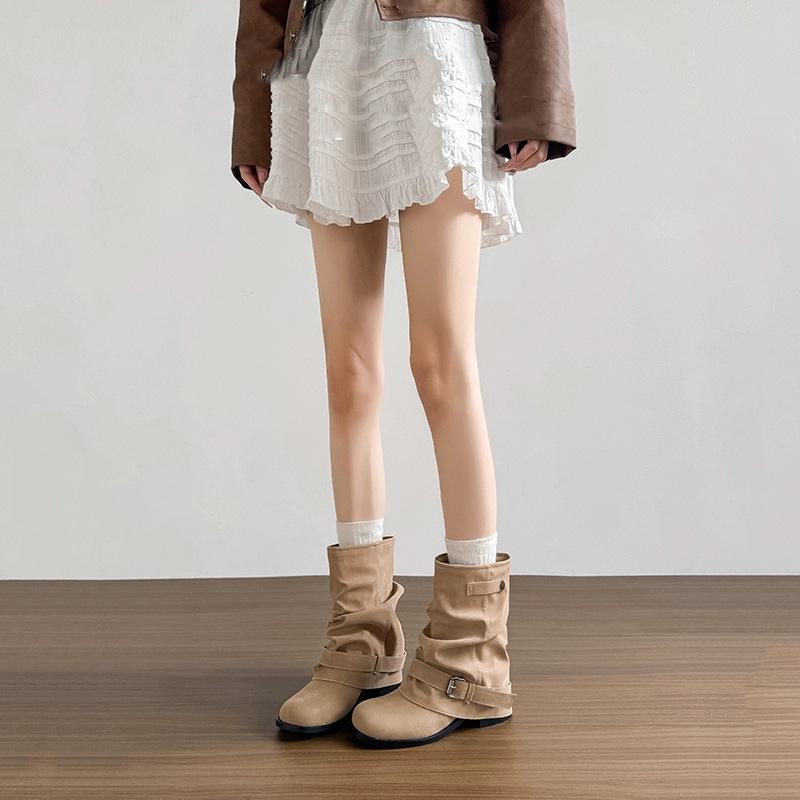 Spot second hair new round head thick heel ancient western cowboy short boots pleated trousers inner heightening pile boots women's summer