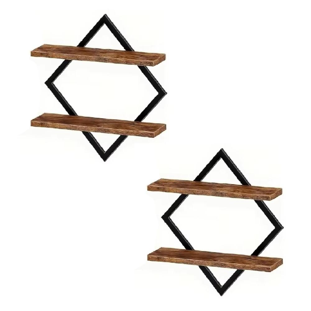 2PCS Organizer 2-Tier Wood Floating Shelves Space Saving Wall Mounted Storage Rack Decorative Display Shelves Office