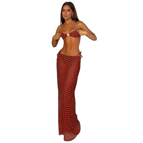 

3Pcs/Set Women Swimsuit Set Chest Pad No Underwire Bandeau Bra Dot Print Swimming Briefs Set with Split Skirt Sexy Woven Beach Bikini Set S червоний