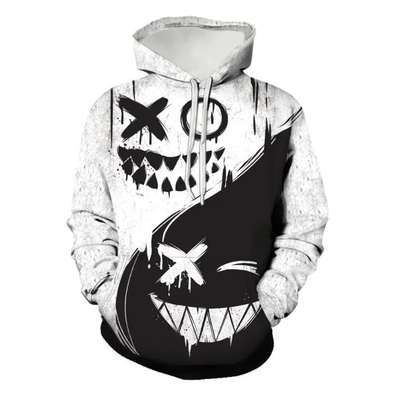 Men s Hoodie  Print Black White Split Smiley Face Graffiti Hooded Sweatshirt Oversized Streetwear Pullover for Men Women L