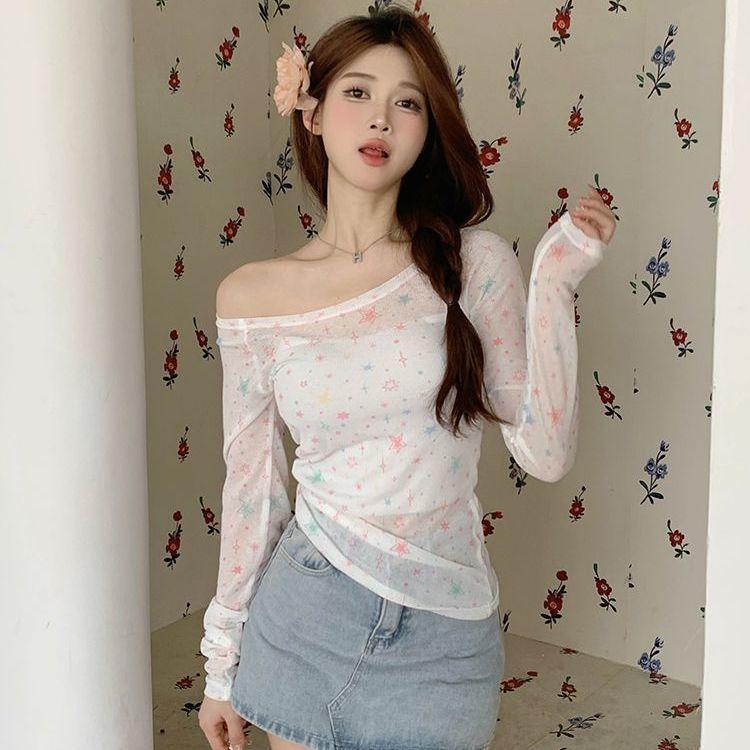 American Sweet Star Sun Protection Printed Long-Sleeve T-Shirt Slim-Fit One-Shoulder Summer Top Spicy Girl Women's Blouse