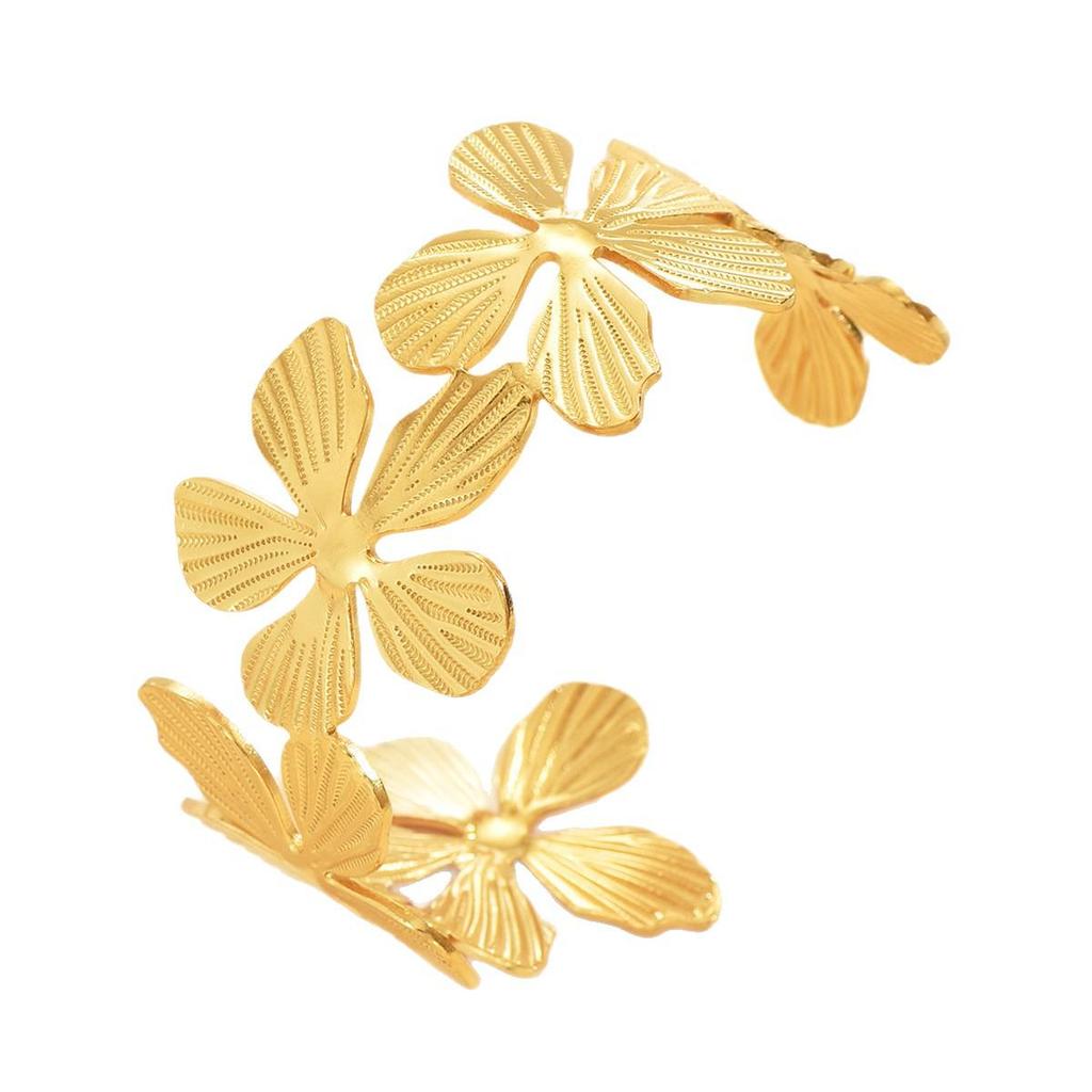 Elegant Stainless Steel Floral Bangle, 18K Gold Plated Antique Open Bracelet