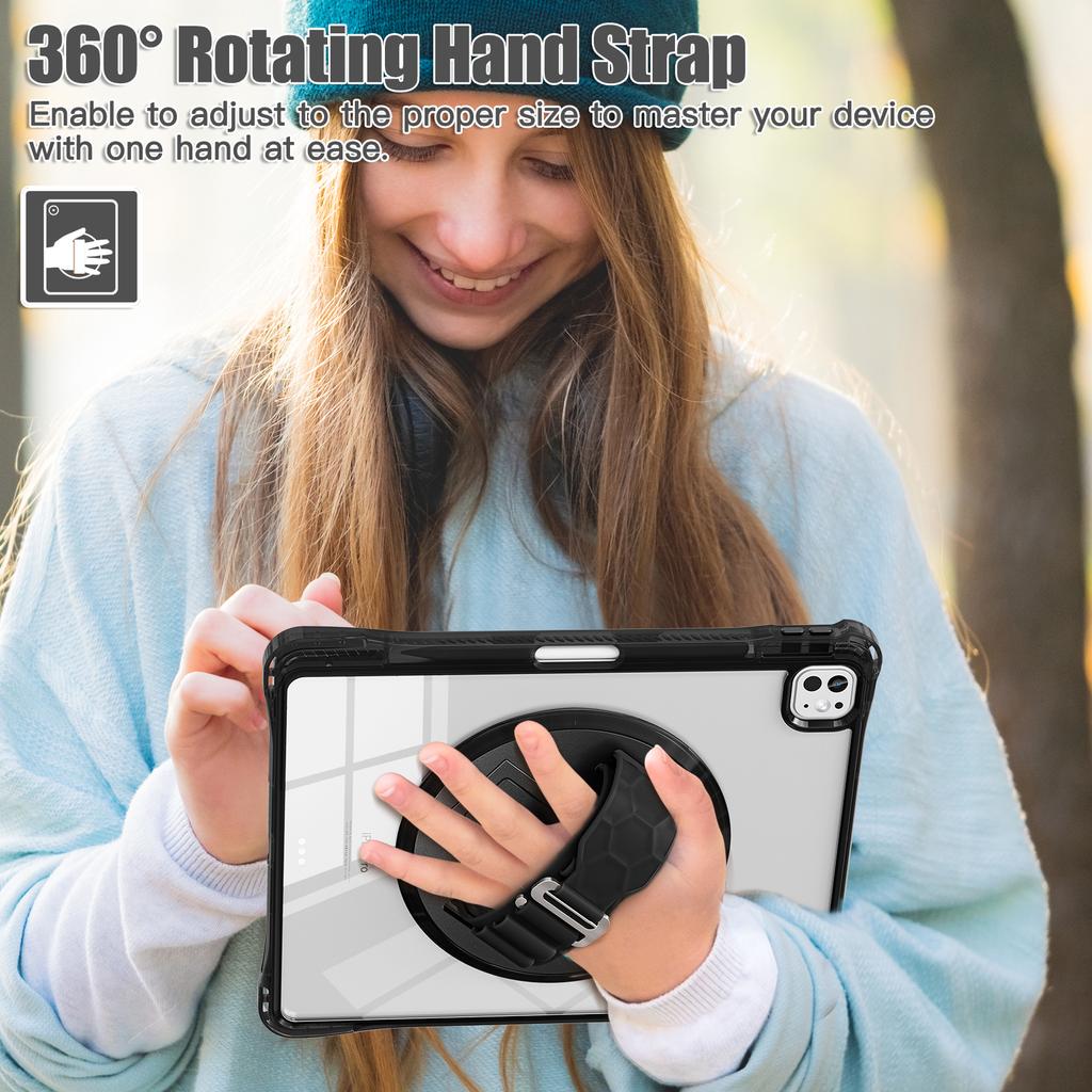 For iPad Pro 13 (2024) Kickstand Case Hand Strap PC+TPU+Acrylic Cover with Shoulder Strap
