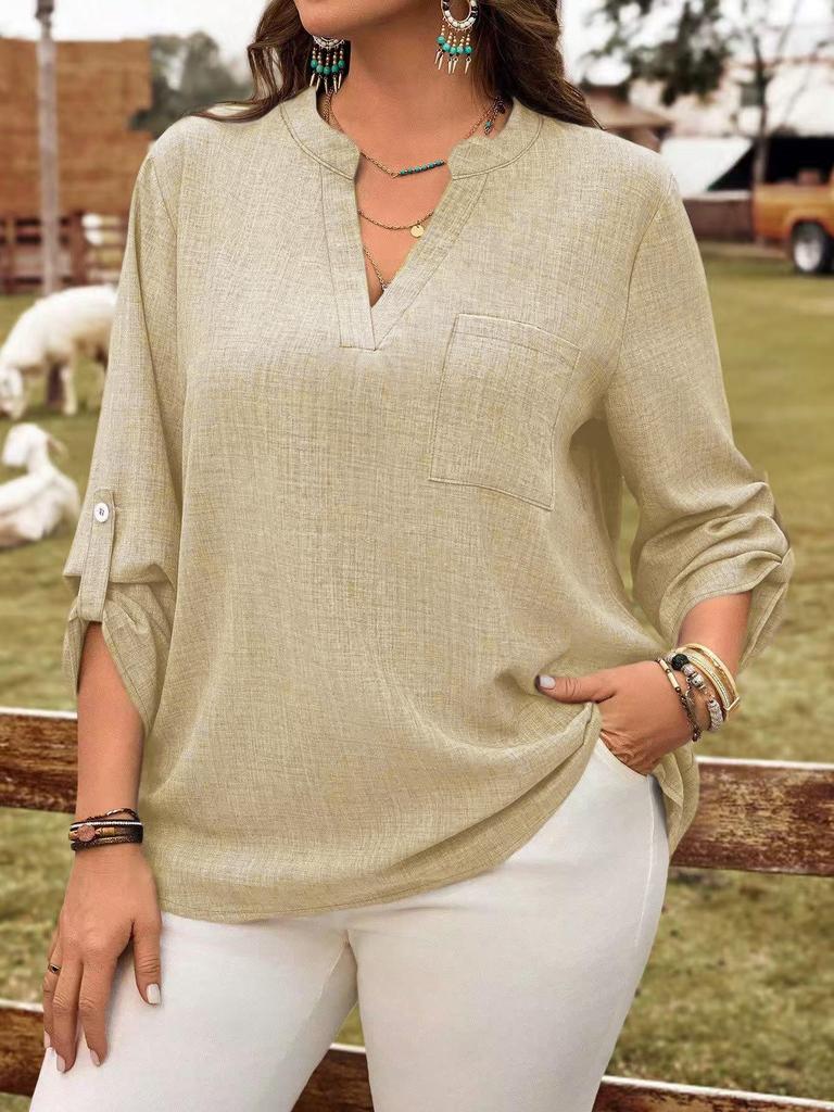 2025 Plus Size Women's V-Neck Button Top - European/American Spring & Autumn Fashion