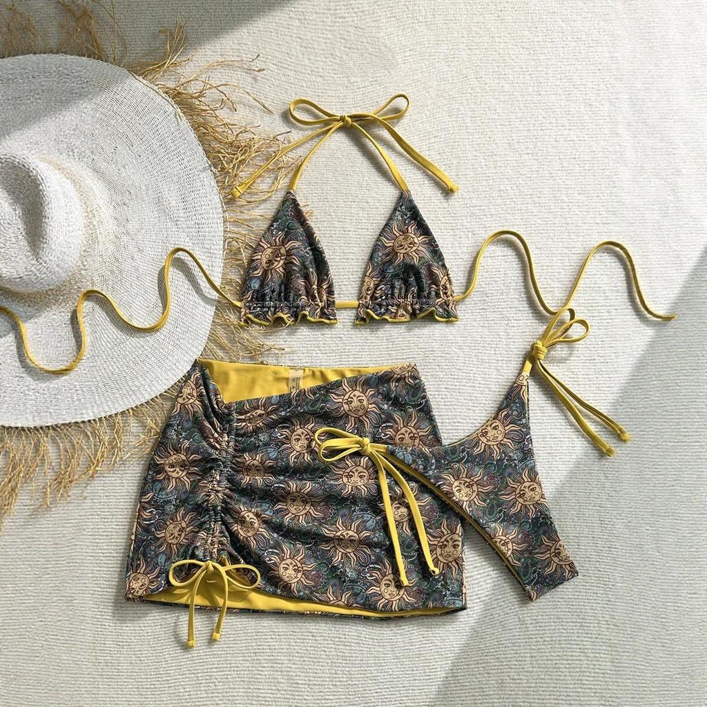 European And American Contrasting Colors Fashion Bikini Three-Piece Swimsuit Sexy Lace-Up Halter Skirt Bikini Swimsuit Women
