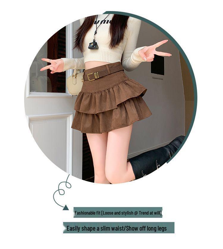 Air Layer Suede Plush High-Waisted Ruffle Short Skirt