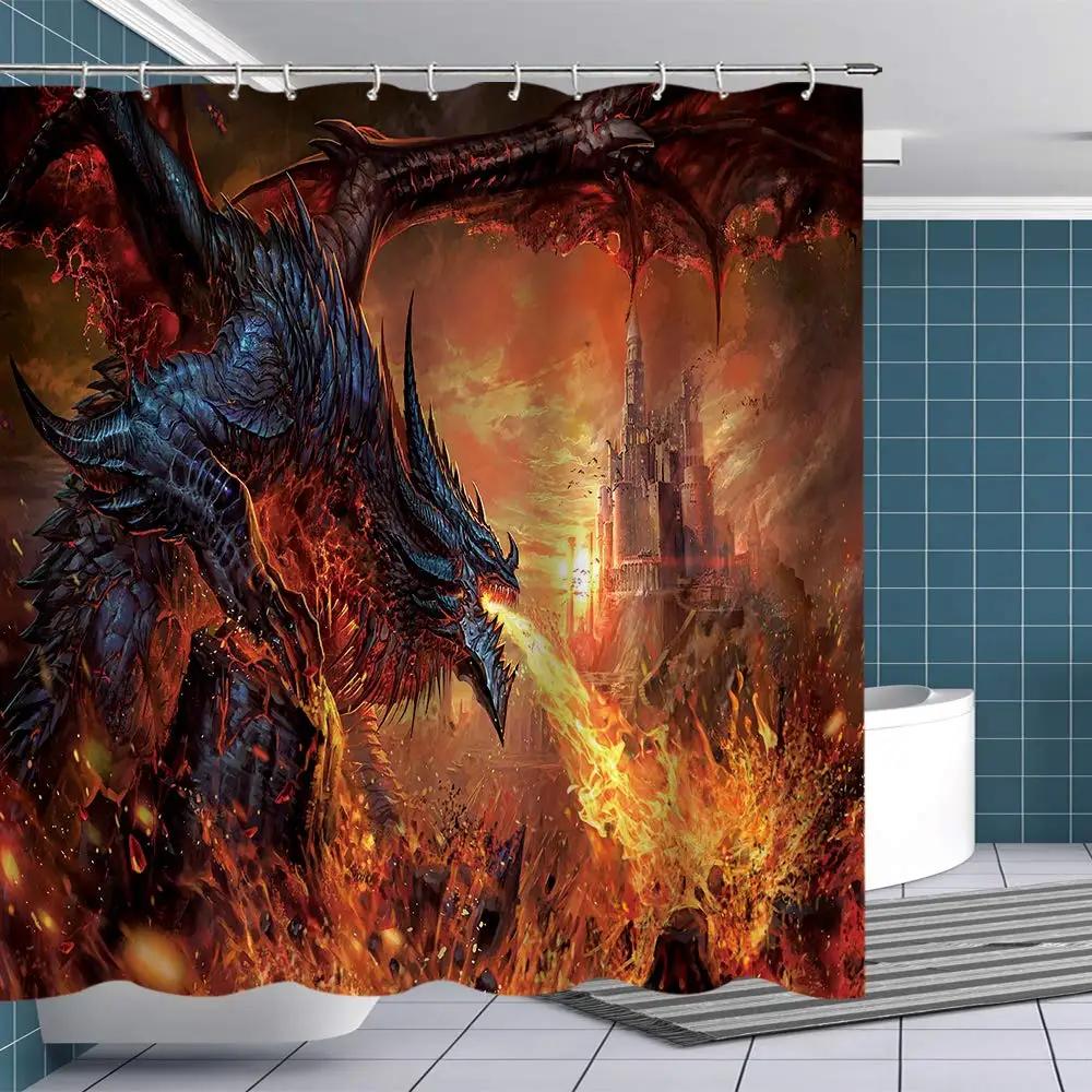 Thème Fantasy Médiévale Dragon Violet Rideau de Douche Animaux Magiques Tissu Polyester Rideau de Bain Pour Décoration de Salle de Bain Avec Crochets