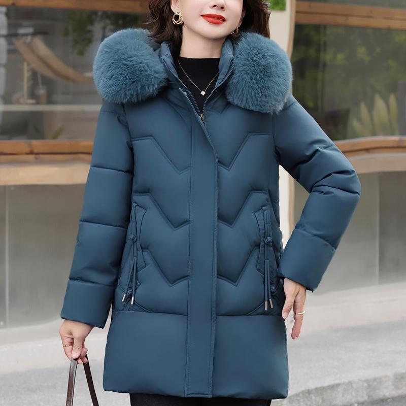 Plus Size Middle Age Women Winter Coats Hooded Faux Fur Collar Elegant Thick Warm Parkas Female Jackets