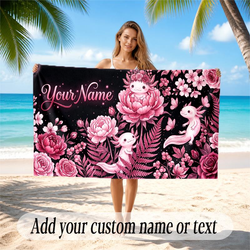 Floral Garden Theme Quick Dry Beach Towel Custom Name Text Print Large Sand Resistant Towel Beach Vacation