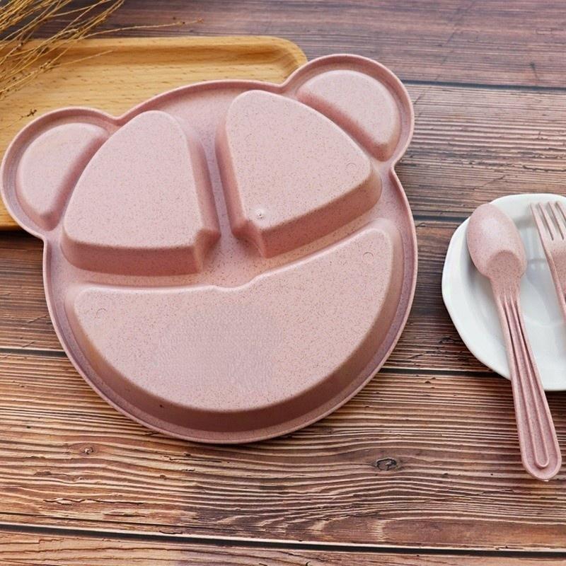 Dinner Plate Wheat Straw Tableware Cartoon Bear Children Dishes Kids Dinner Plate Baby Plate Fork Spoon Baby Eating Anti-hot Training Dinnerware Set