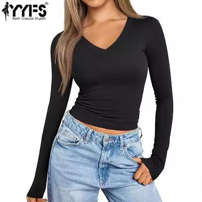Damenmode, lässig, Frühling und Herbst, einfarbig, langärmelig, V-Ausschnitt, Blusen und Hemden