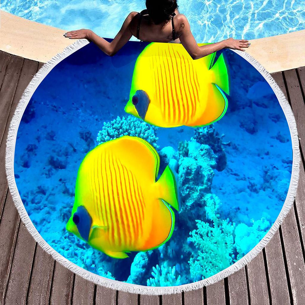 Ocean Hawaiian Tropical Sea Fish Print Round Beach Towel, Soft Microfiber Sealife Beach Blanket,Absorbent Quick Dry Pool Towel