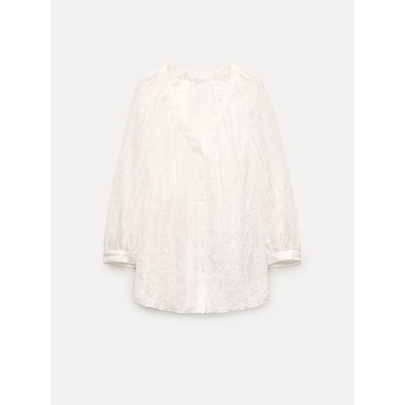 

Za2024 Summer New Product Women s Clothes Fashion Minimalist Plaid V Neck Long Sleeves Linen Fluffy Shirt 8224051 White L