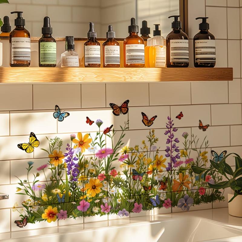 Fresh Flower Pattern Wall Sticker Waterproof Non-Marking Sink Area Background Decal for Bathroom Kitchen Decor