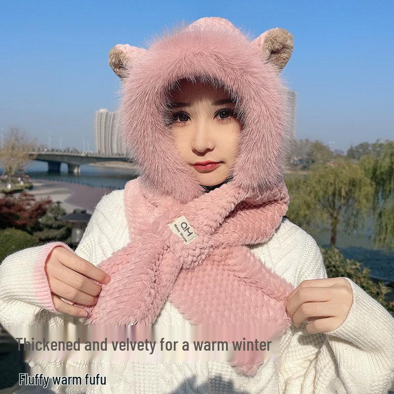 Women's Cute Fluffy Hat with Scarf and Ear Protection for Autumn/Winter