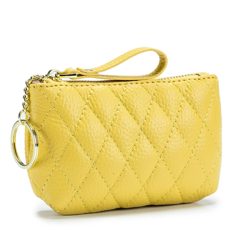 Rhombus embroidered change bag, coin storage bag, cowhide mini simple zipper small bag, key bag for women