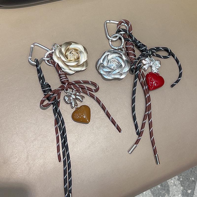 Handmade Camellia Flowers Heart Handbag Pendant Simple Tassels Backpack Hanging Bag Accessory