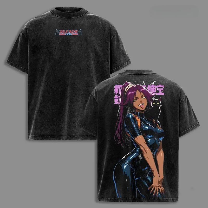 Heißes Anime BLEACH Shihouin Yoruichi Print T-Shirt Herren Damen Kurzarm Kleidung Baumwoll-T-Shirt Retro Gewaschenes T-Shirt Manga Tops
