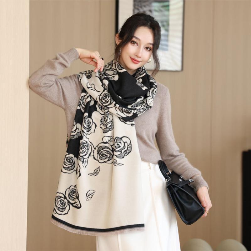 Autumn and Winter Scarf Women's New Rose Story Double-sided Jacquard Imitation Cashmere Scarf Versatile Warm Thickened Shawl
