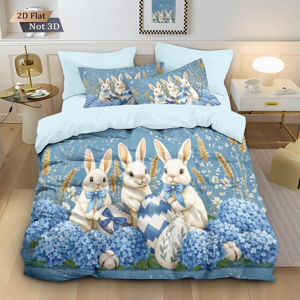 3-teiliges Niedliches Cartoon-Osterhase Blume Osterei Bedrucktes Steppdecken-Set Mehrere Größen Bettwäsche Dekoration Weich Maschinenwaschbar
