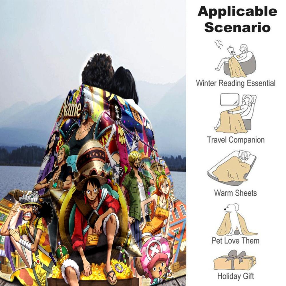 Custom Name One Piece Anime Characters Flannel Blanket Super Soft Warm Cozy Blanket For Sofa Bed Office Travel Allseason Home Decor Gift