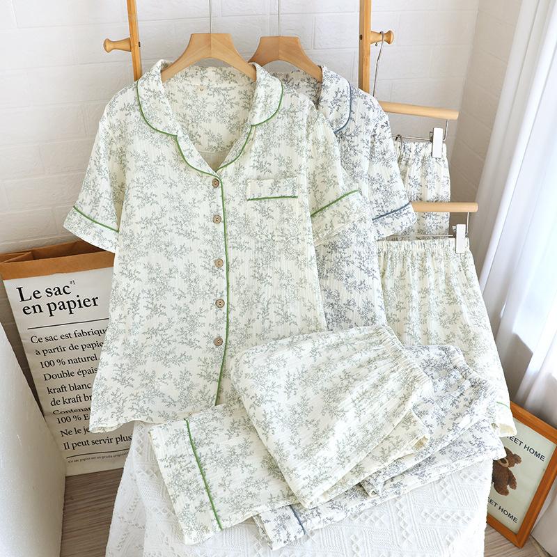 New Cotton Pajamas Double-layer Gauze Korean Version Floral Lazy Short-sleeved Trousers Set Girl Cardigan Loungewear