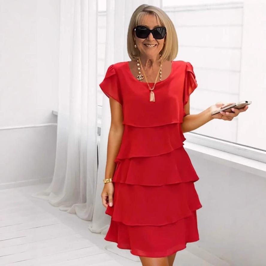 Women's Fashion Summer Spring Solid Color Print Short Sleeve O-Neck Middle Waistline Casual Dresses