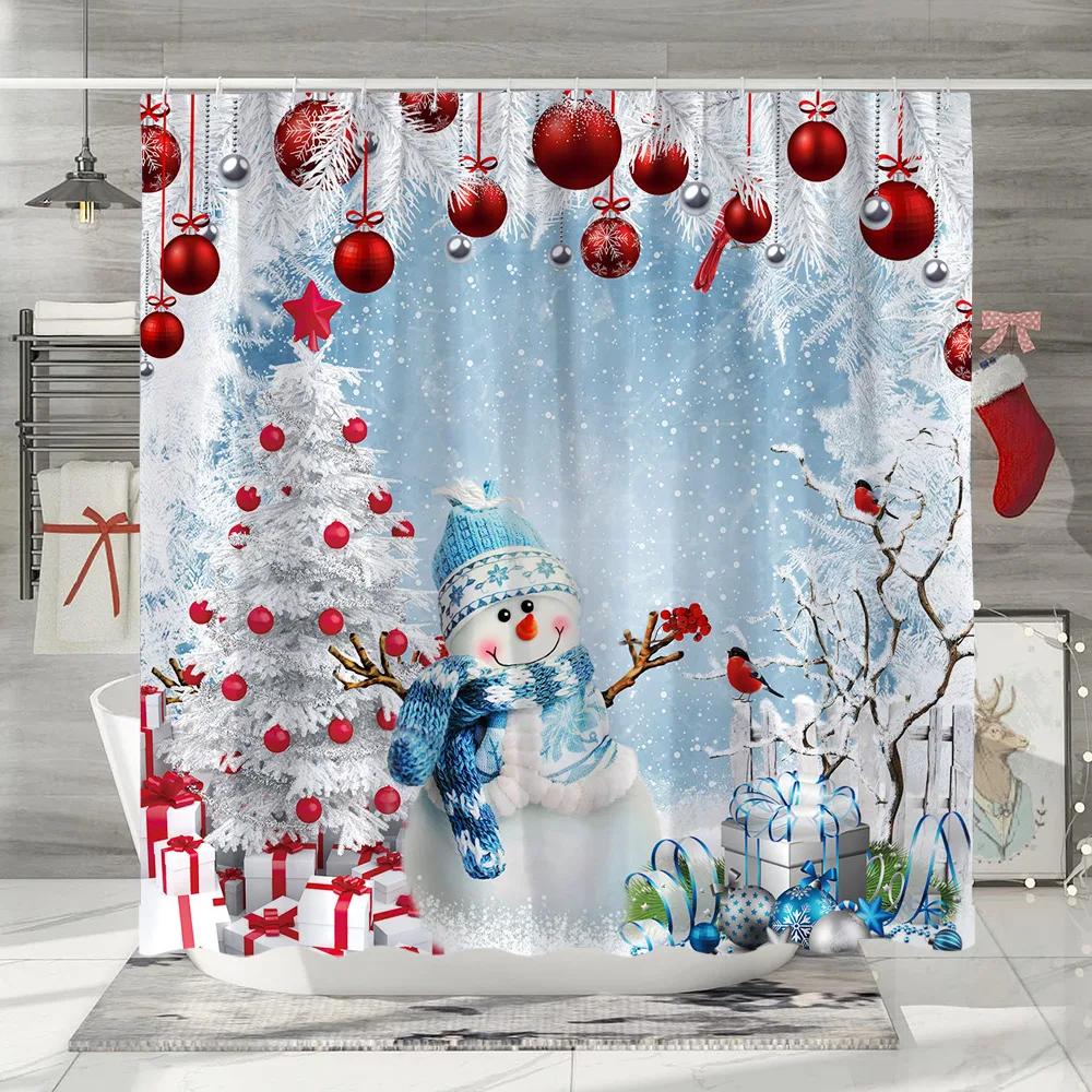 GAEChristmas Shower Curtain Santa Claus Snowman Elf Snowflake Cartoon Winter Rustic Home Polyester Fabric Bathroom Decor