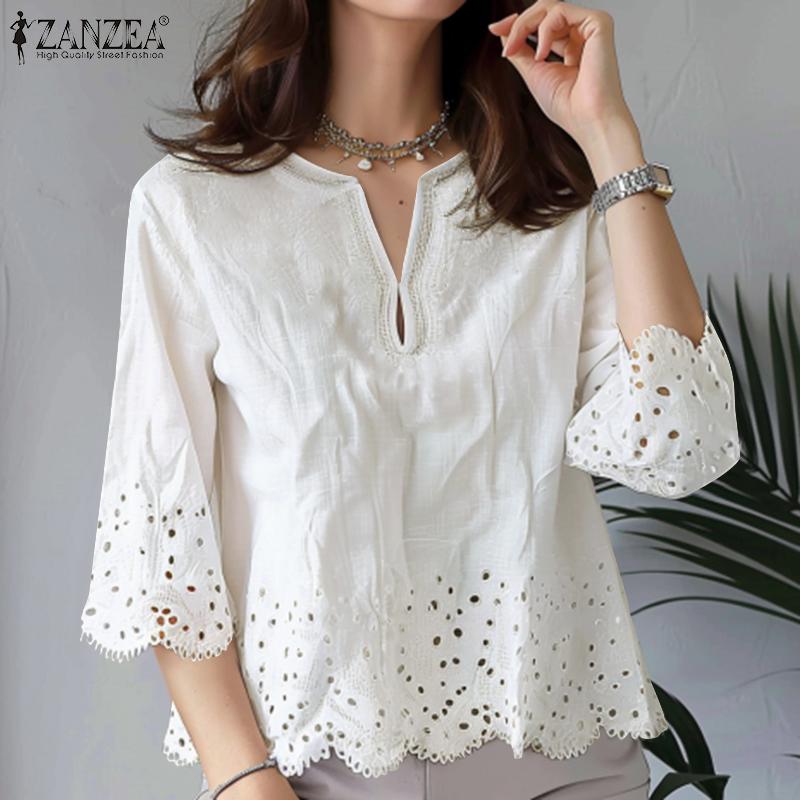 

ZANZEA Women Summer Round Neck 3/4 Sleeve Hollow Print Lace Blouses 5XL зелёный