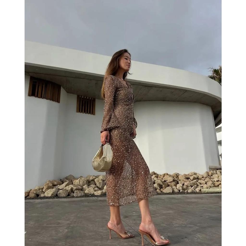 LYRIA Sexy Sequined Long Pleated Dress Women Deep V-neck Full Sleeve See Through Dresses Summer Lady Party Evening Dresses