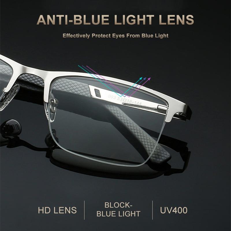 Reading Glasses Men Half Rectangle Metal Frame Hyperopia Eyeglasses Business Blue Light Blocking Presbyopic Eyewear +1.0 To +4.0