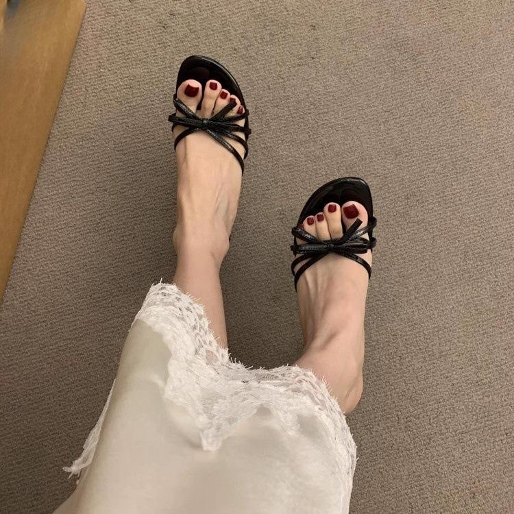 French Gentle Bow High-heeled Sandals Women's Summer Wear with Skirts, Beautiful Open-toed Casual Word with Cool Slippers