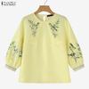 ZANZEA Women Lace Splice Round Neck 3/4 Sleeve Loose Print Blouse