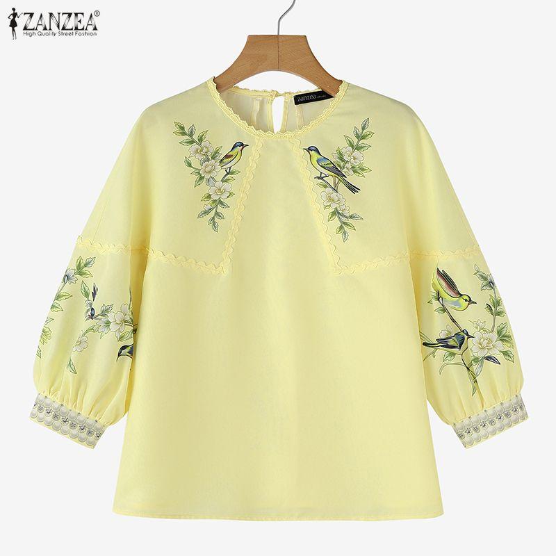ZANZEA Women Lace Splice Round Neck 3/4 Sleeve Loose Print Blouse