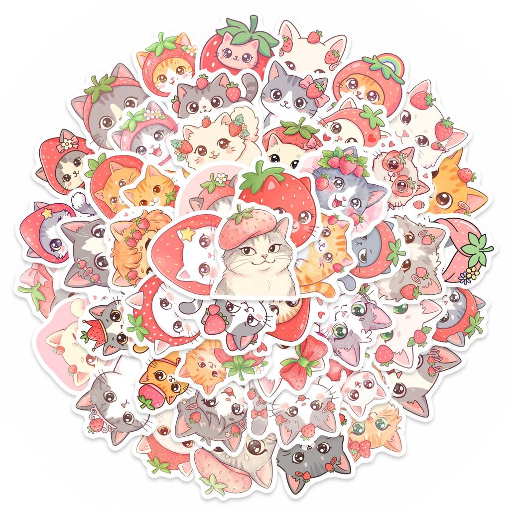 Exclusive For 50 Watercolor Strawberry Cat Stickers Cute Cartoon Animal Cat Head Stickers Waterproof