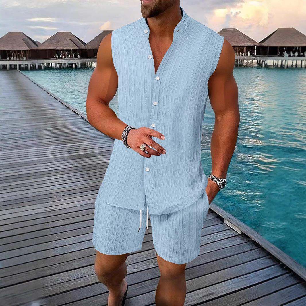

New Summer Men s Vest Casual Loose Sleeveless Shorts Set S синій